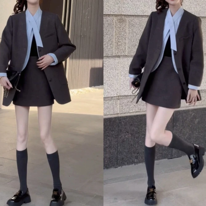 时尚韩系气质长款宽松西装款拼接衬衫外套显瘦A字半身裙两件套