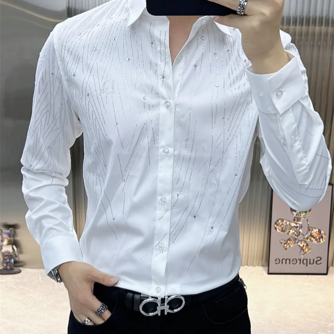 男士2024秋季新款轻奢时尚高端衬衫长袖个性烫钻帅气百搭修身白色