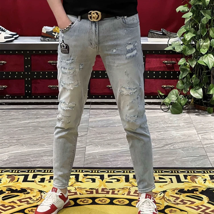 男士夏季弹力潮流牛仔裤破洞补丁修身时尚印花百搭高品质男休闲裤