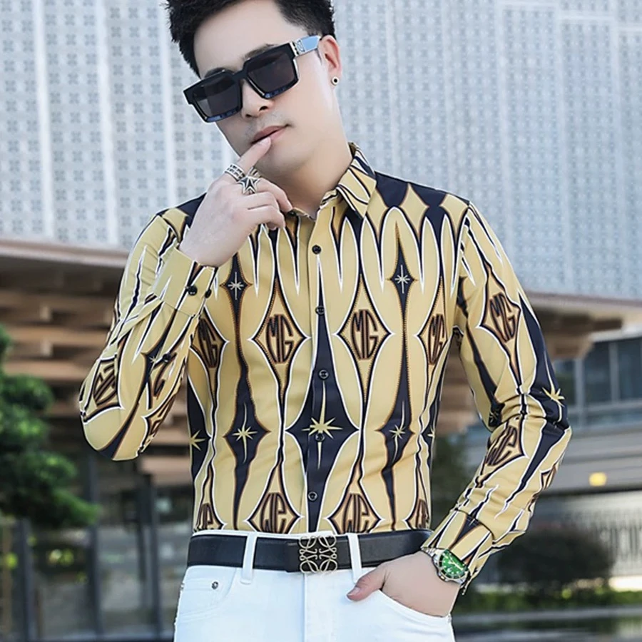 男士2024秋季新款长袖衬衫欧货高端菱形印花烫钻修身百搭时尚衬衣