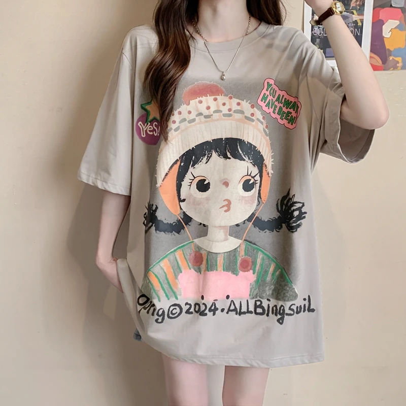 宽松慵懒风纯棉短袖T恤女夏季新款爆款时尚设计感卡通印花上衣ins