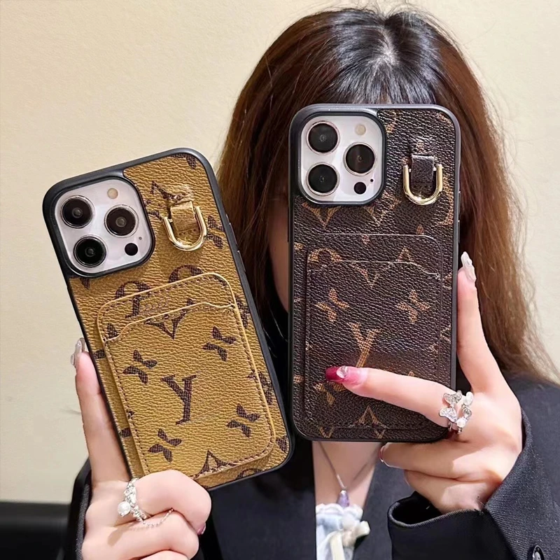 挂钩款老花卡包潮牌皮质全包12防摔13适用苹果15promax手机壳14