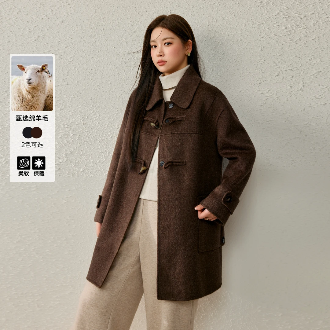 【焦糖摩卡】纤莉秀W大码女装绵羊毛驼绒蚕丝混纺毛呢大衣QJ2818