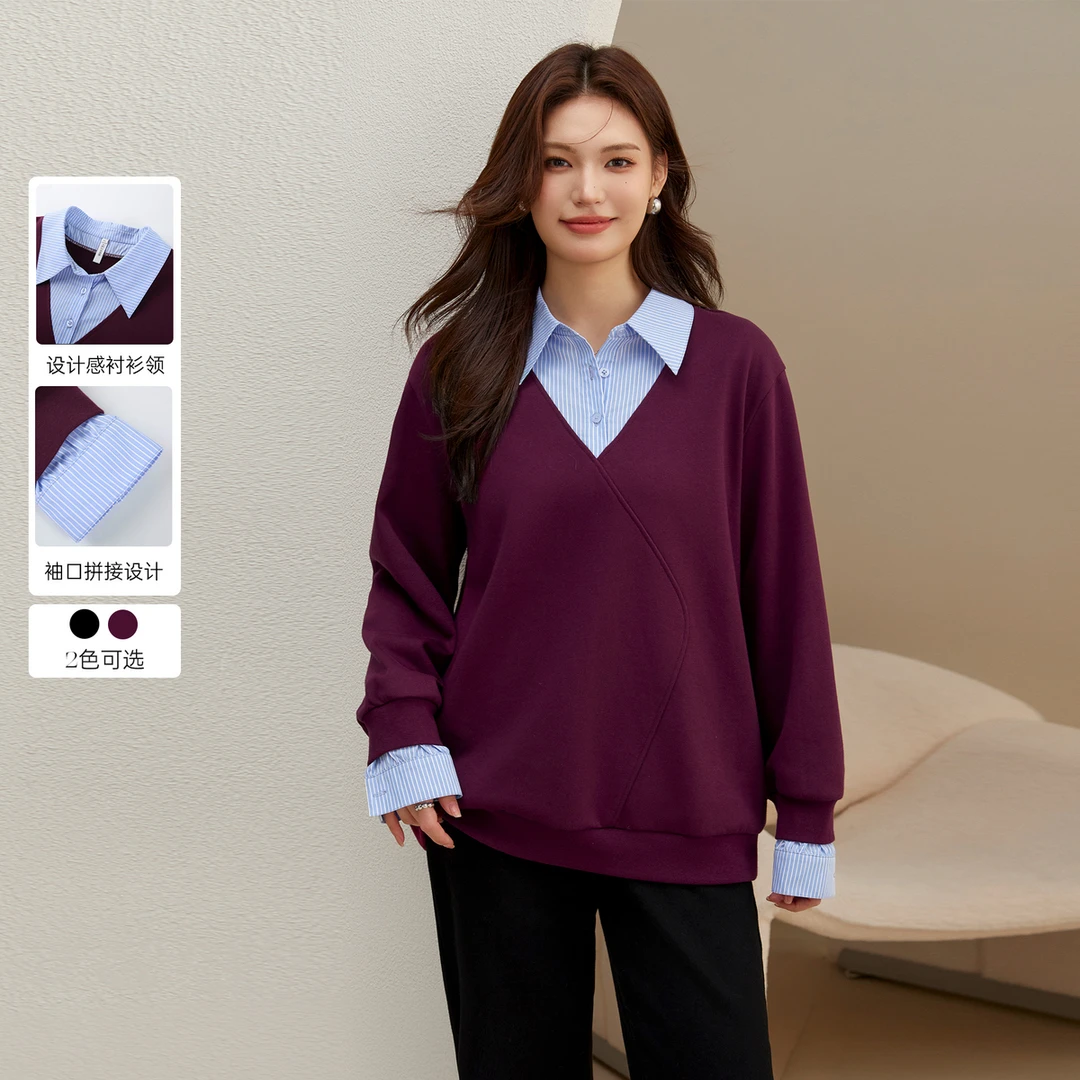 【衬衫拼接假两件加厚保暖卫衣】纤莉秀W大码女装胖mm卫衣QJ4795
