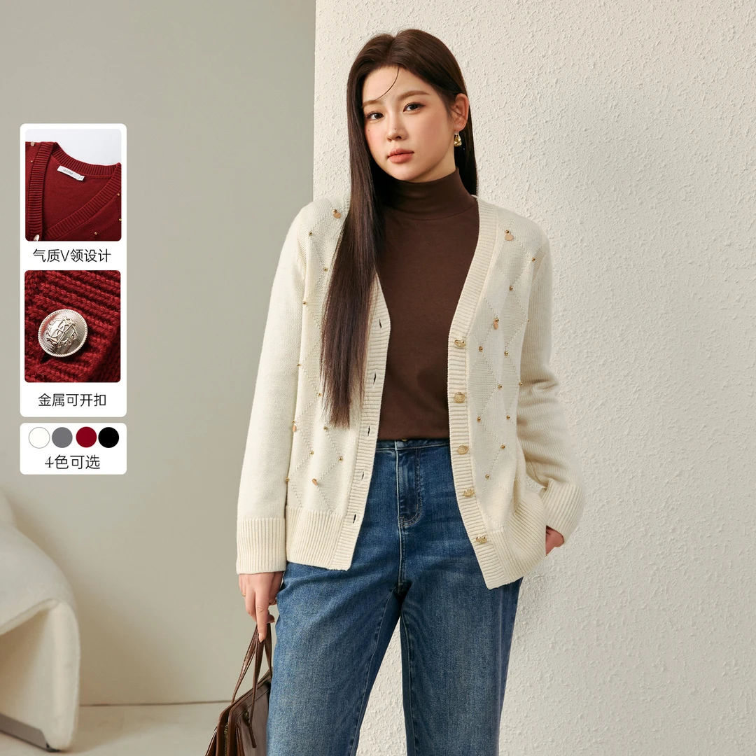 【设计感别致钉珠针织开衫】纤莉秀W大码女装针织开衫QJ3510