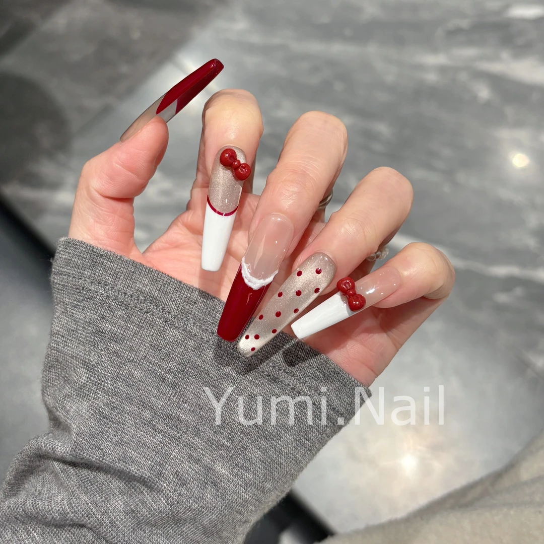 【草莓果酱】柚米穿戴甲 红色法式玻璃珠猫眼甜美新年战甲穿戴甲