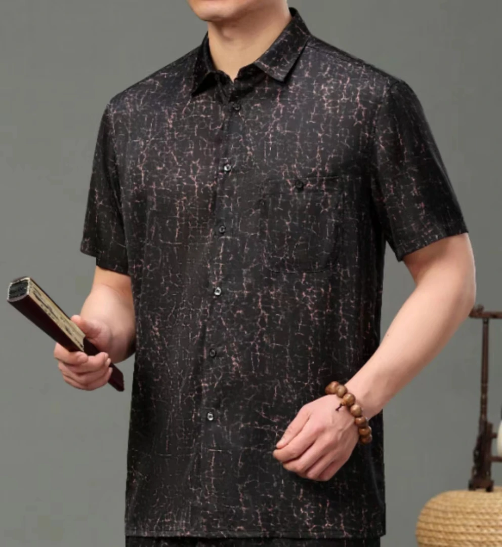【古韵丝绸】夏季休闲衬衫男短袖宽松 高档桑蚕丝薄款半袖上衣