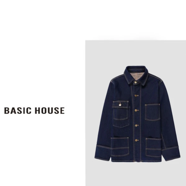 Basic House/百家好舒适复古宽松翻领多口袋牛仔外套