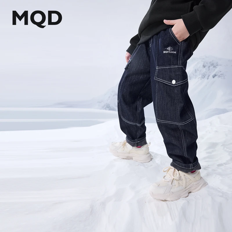 MQD童装24冬季新品男大童潮酷休闲百搭加绒工装风牛仔裤9644W1401
