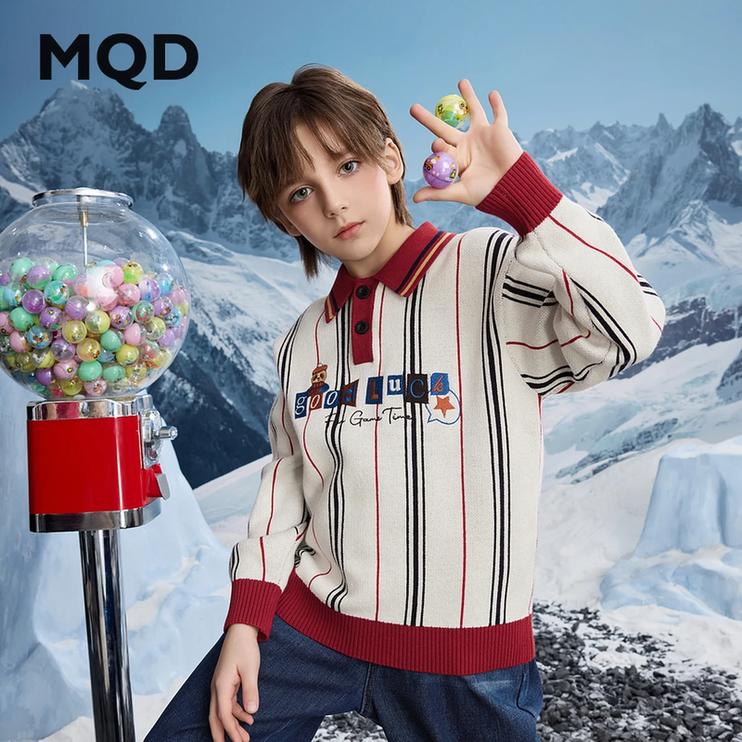 MQD童装儿童冬季学院风冬季新品翻领条纹字母保暖毛衣9644W0742