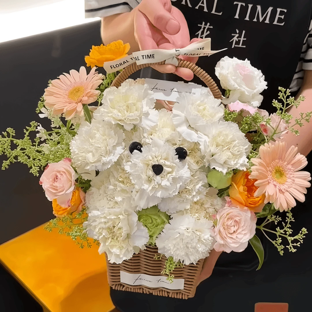 可爱小狗花束白色康乃馨鲜花速递同城配送花店送花
