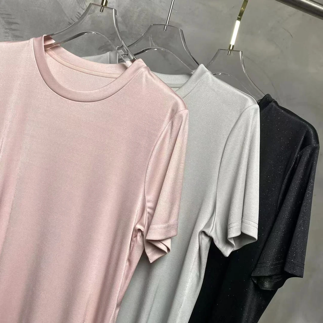 【小黑家】长56高端醋酸冰凉垂感星星银丝星光氛围感极简圆领T恤Y29