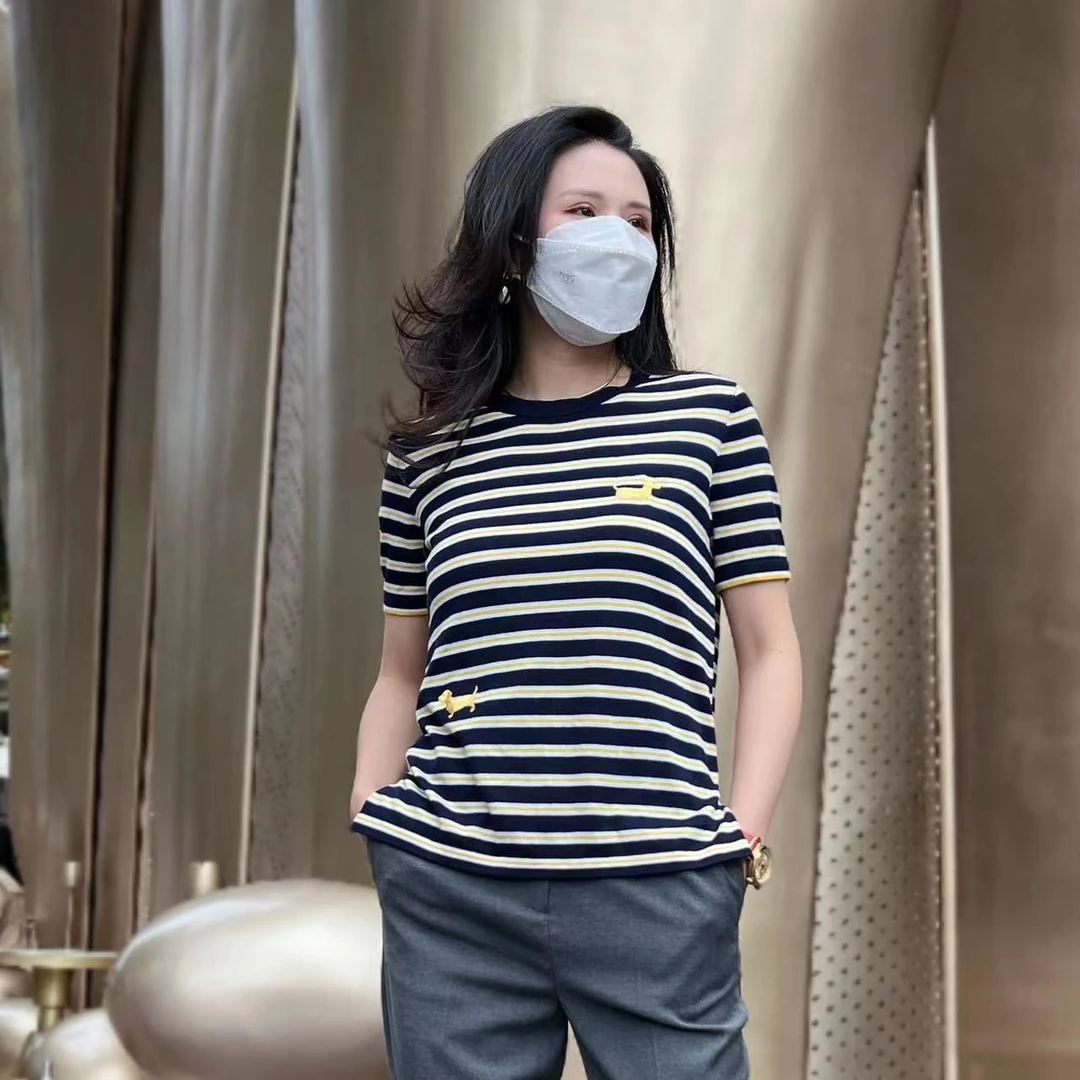 【小黑家】58高端超柔时尚条纹小狗刺绣百搭休闲针织T恤短袖A10