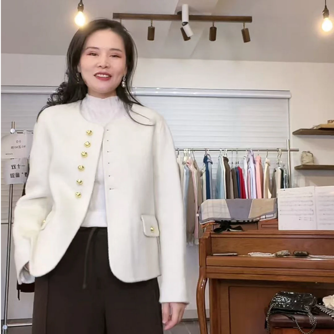 【小黑家】长52高端羊毛双面呢金色扣干净小香百搭短外套