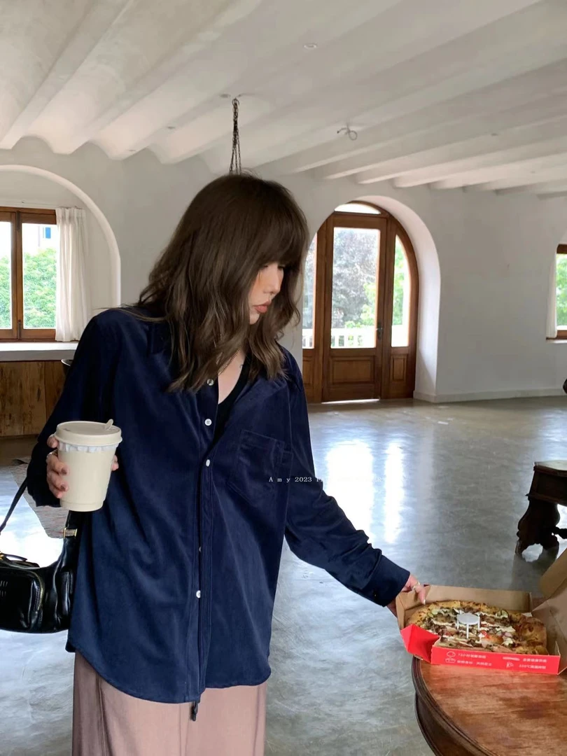 【小黑家】 高端侧口袋极简灯芯绒舒适时尚小众设计感衬衫W86