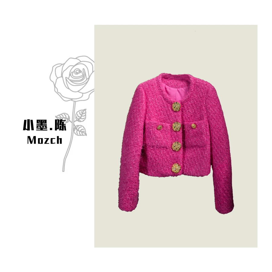 【小黑家】长45高端羊毛粗纺轻奢锤纹大金扣小香风时尚减龄短外套F1