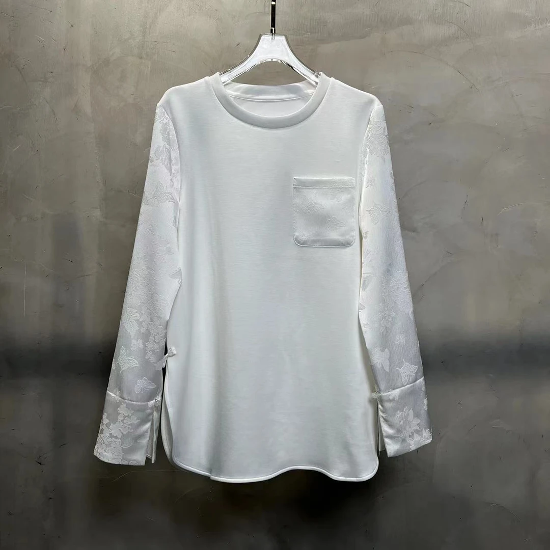 【小黑家】长70高端透气亲肤柔软空气棉T恤上衣提花拼接中长卫衣