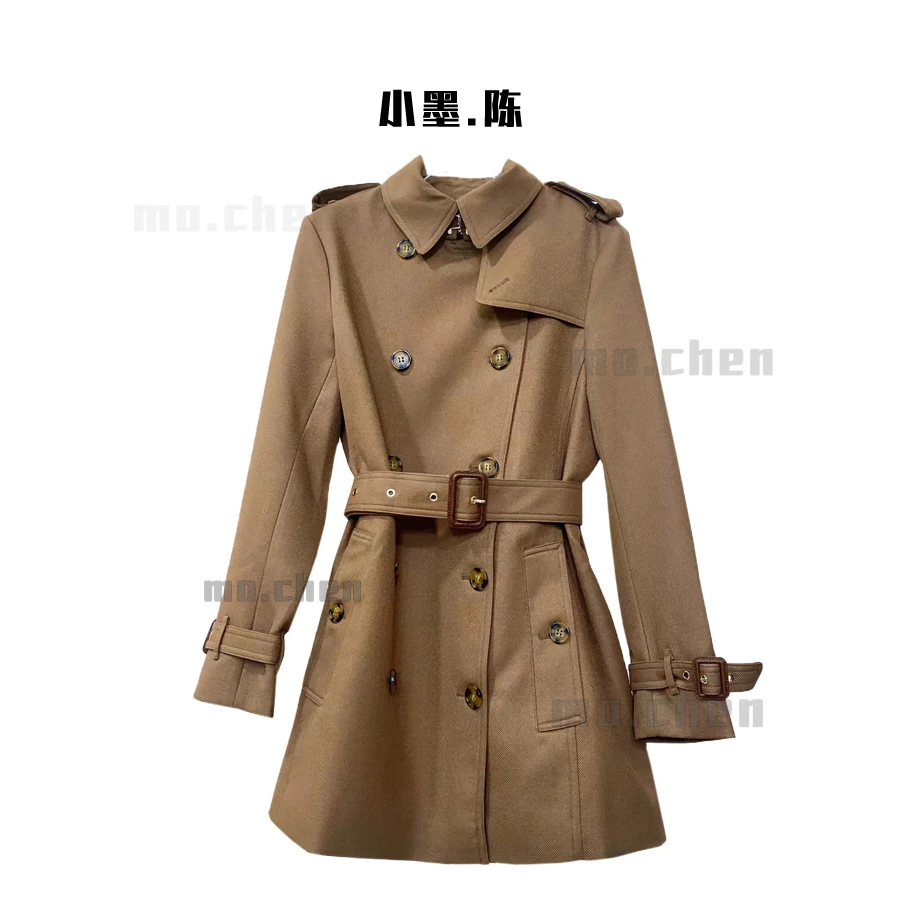 【小黑家】80高端斜纹中长款时尚英伦双排扣经典气质收腰西装风衣W5