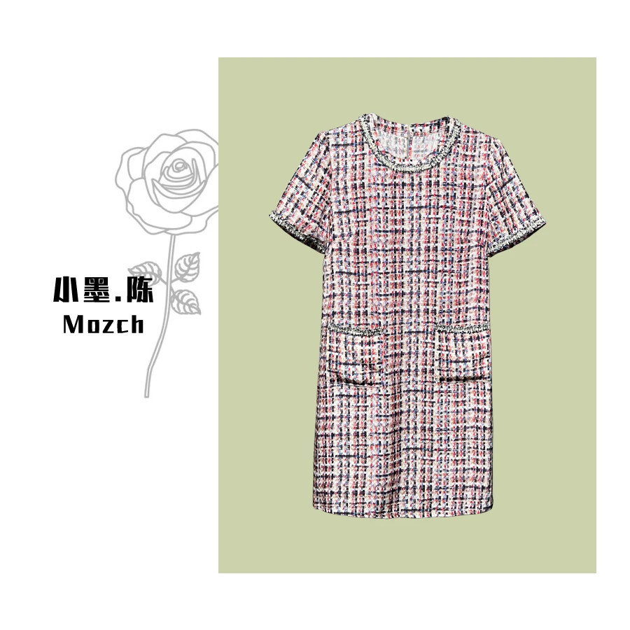 【小黑家】90高端重磅桑蚕丝千鸟格提花圆领气质小香流苏连衣裙A66