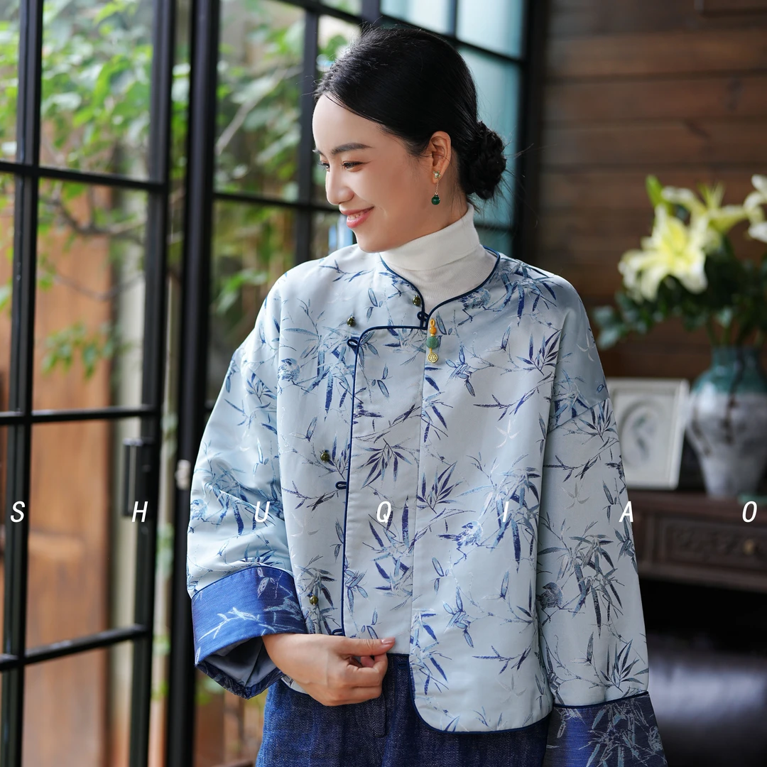 蜀俏 蓝色原创国风秋冬新款棉袄新中式复古复古气质高级感上衣女
