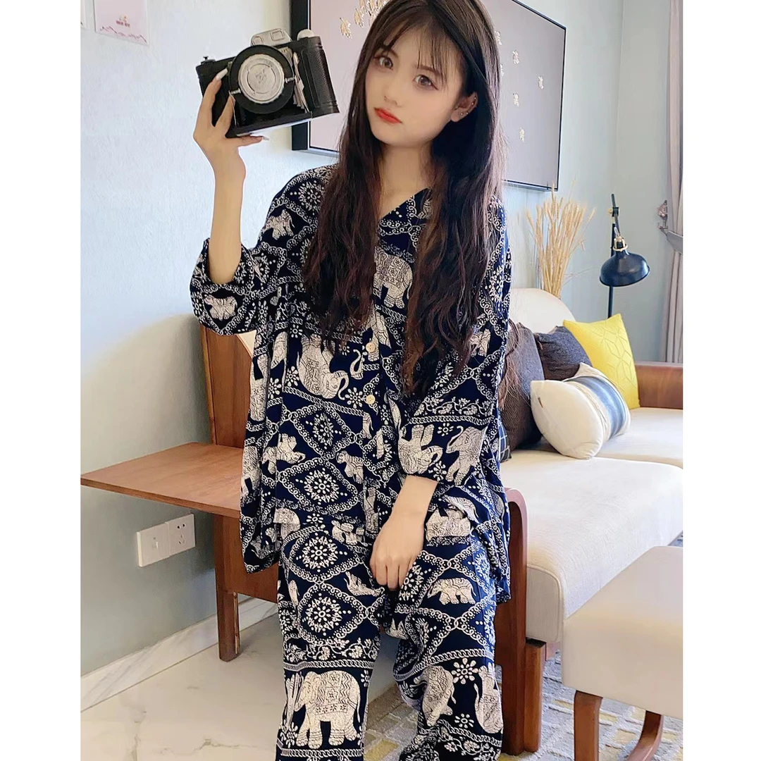 2024年流行新款开衫灯笼袖套装旅游外穿深色大象夏季外穿家居服