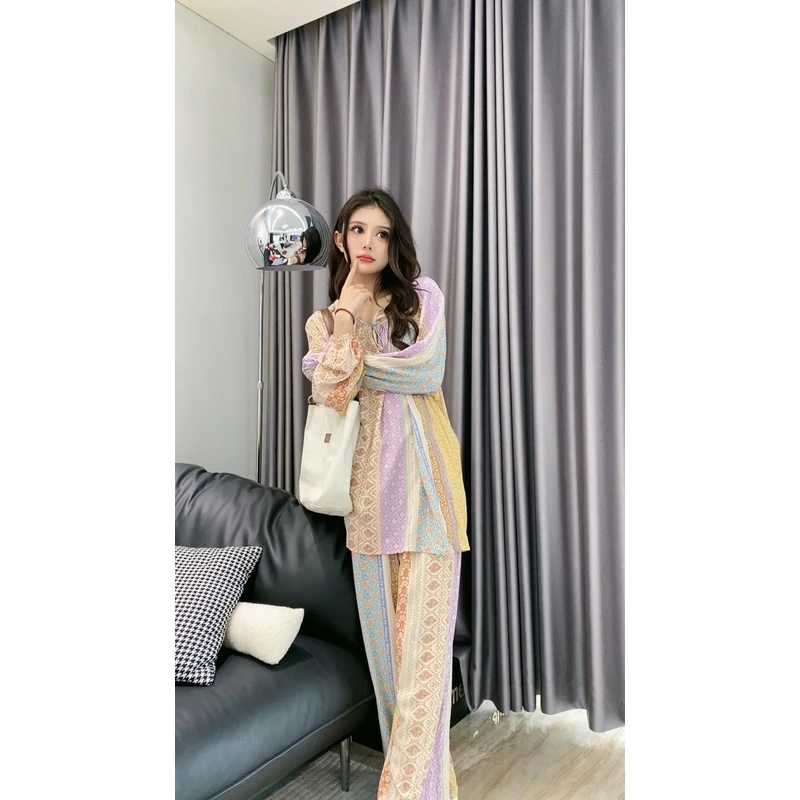 初夏少女长袖长裤夏季时尚宽松碎花薄款休闲百搭气质家居服睡衣