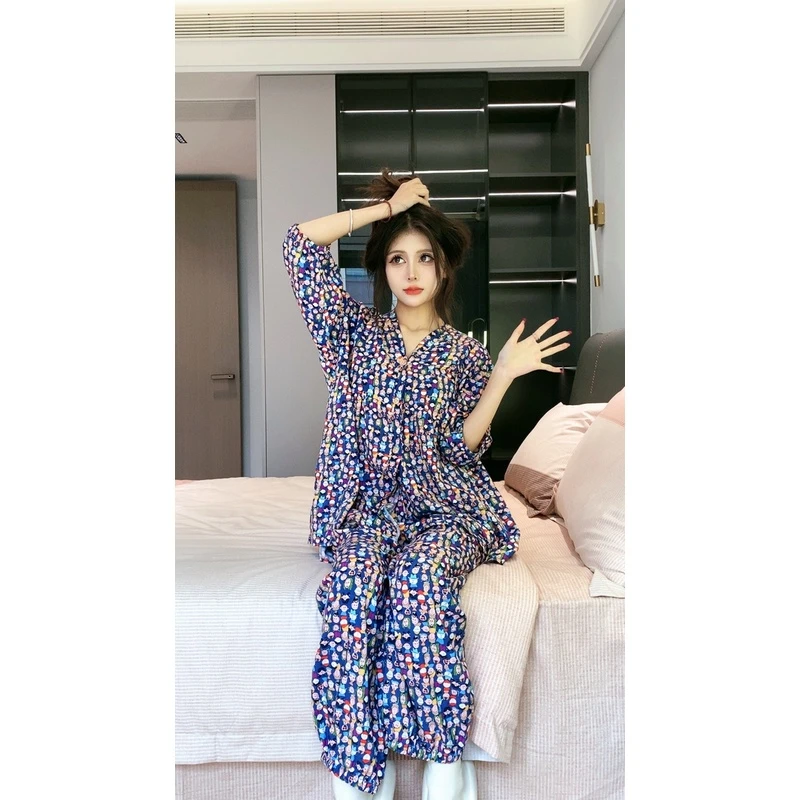 2025夏季时尚新款女士灯笼袖松紧腰九分裤开衫宽松套装外穿家居服