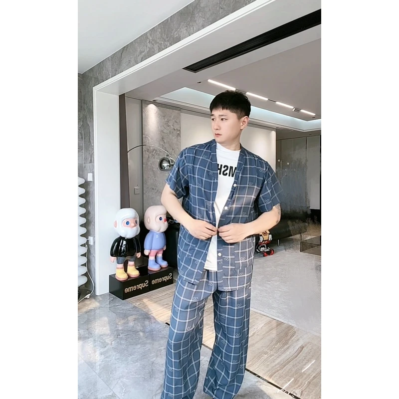 雾霾蓝格子男士短袖长裤套装夏季可以外穿休闲睡衣家居服薄款时尚