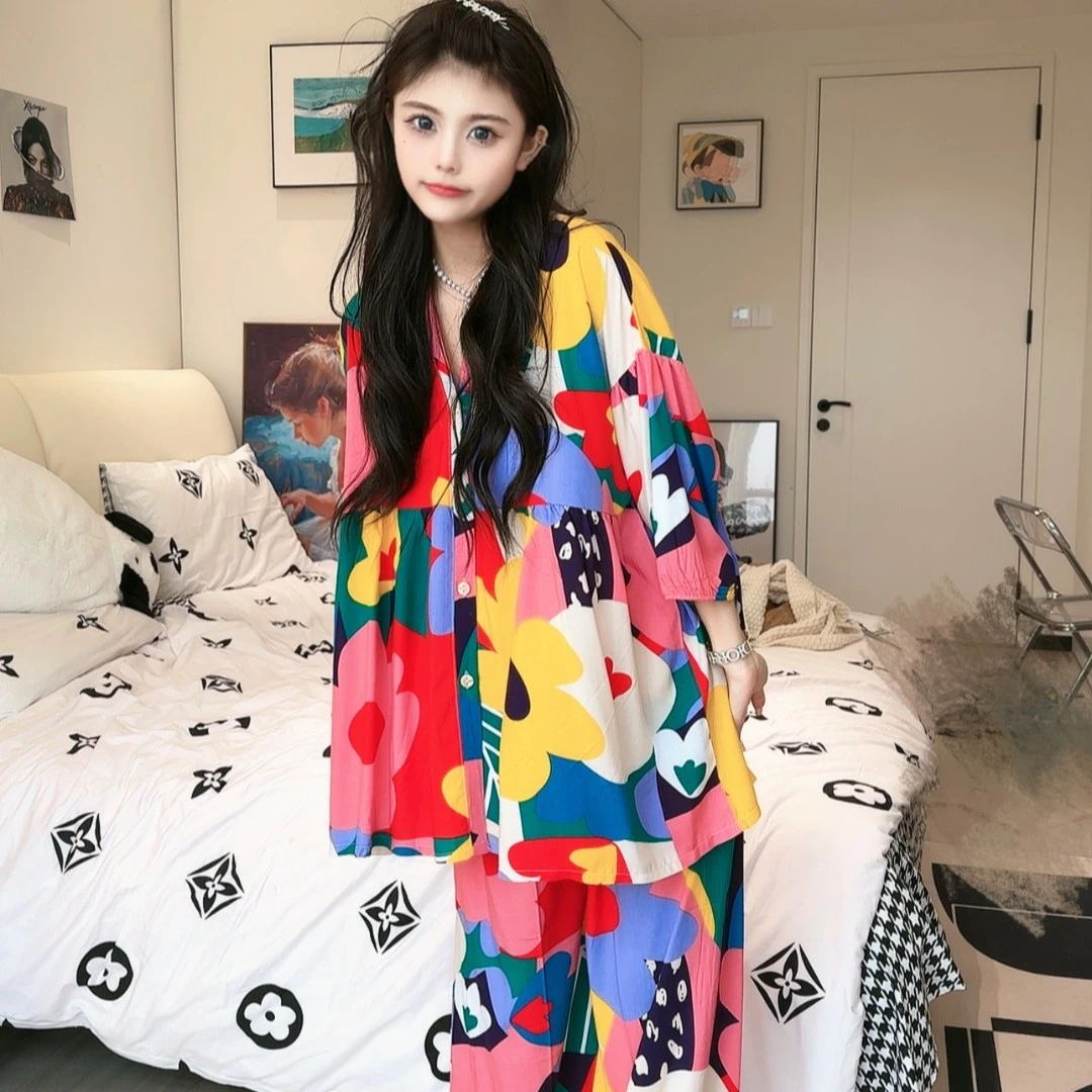 彩虹花朵2025新款夏季印花潮流薄款韩版时尚宽松睡衣家居服套装