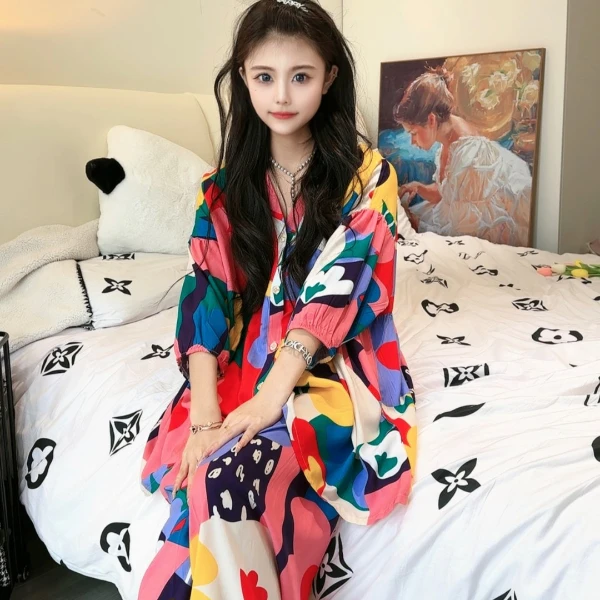 【彩虹花朵】流行新款夏季时尚流行休闲彩虹花朵人造棉春秋睡衣套装