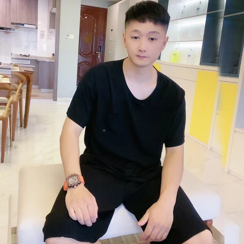 2025夏季新款男士纯黑色居家服睡衣套装纯色半袖圆领休闲百搭男款