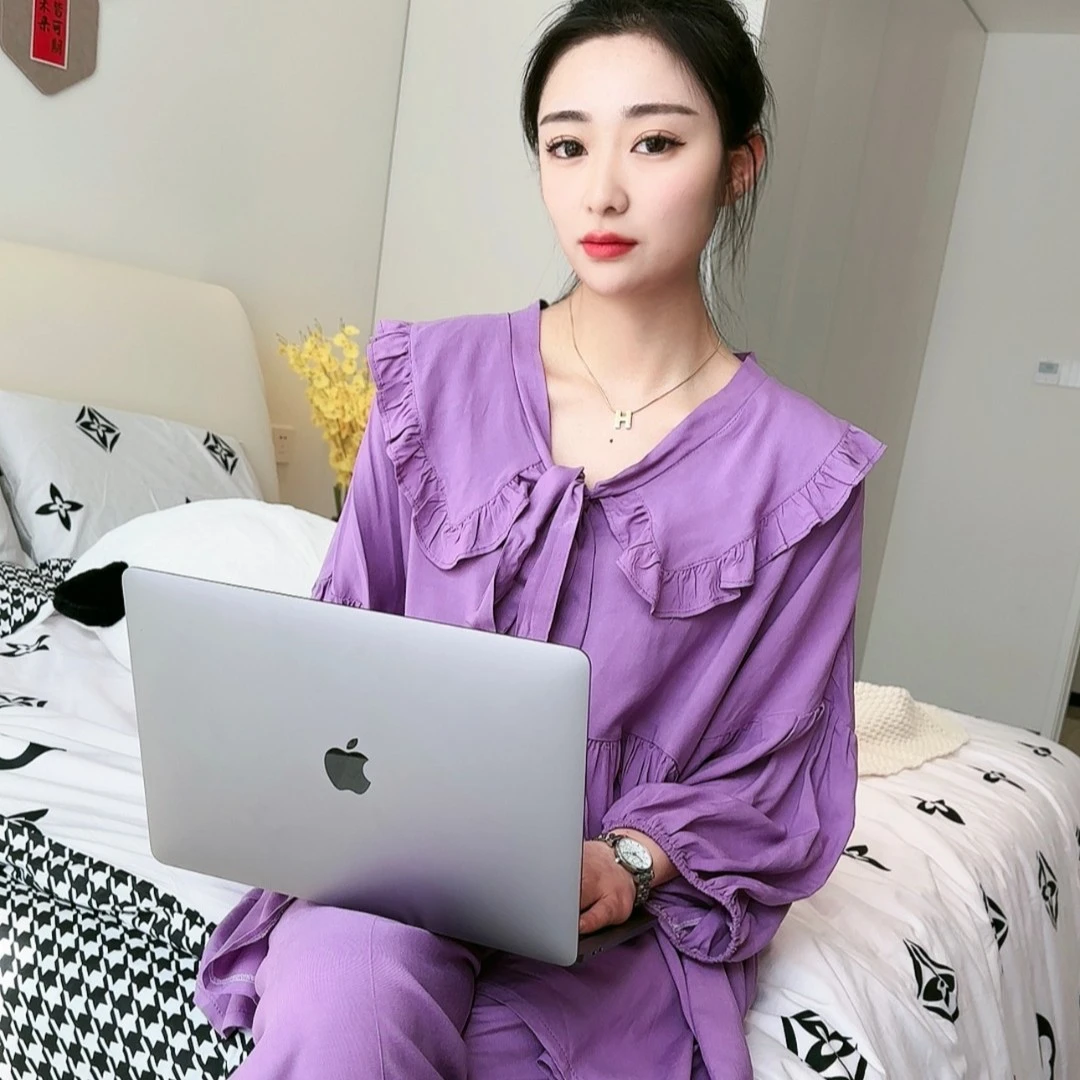 【天宝服装厂】新款紫色23年流行新款睡衣开衫长裤灯笼袖套装