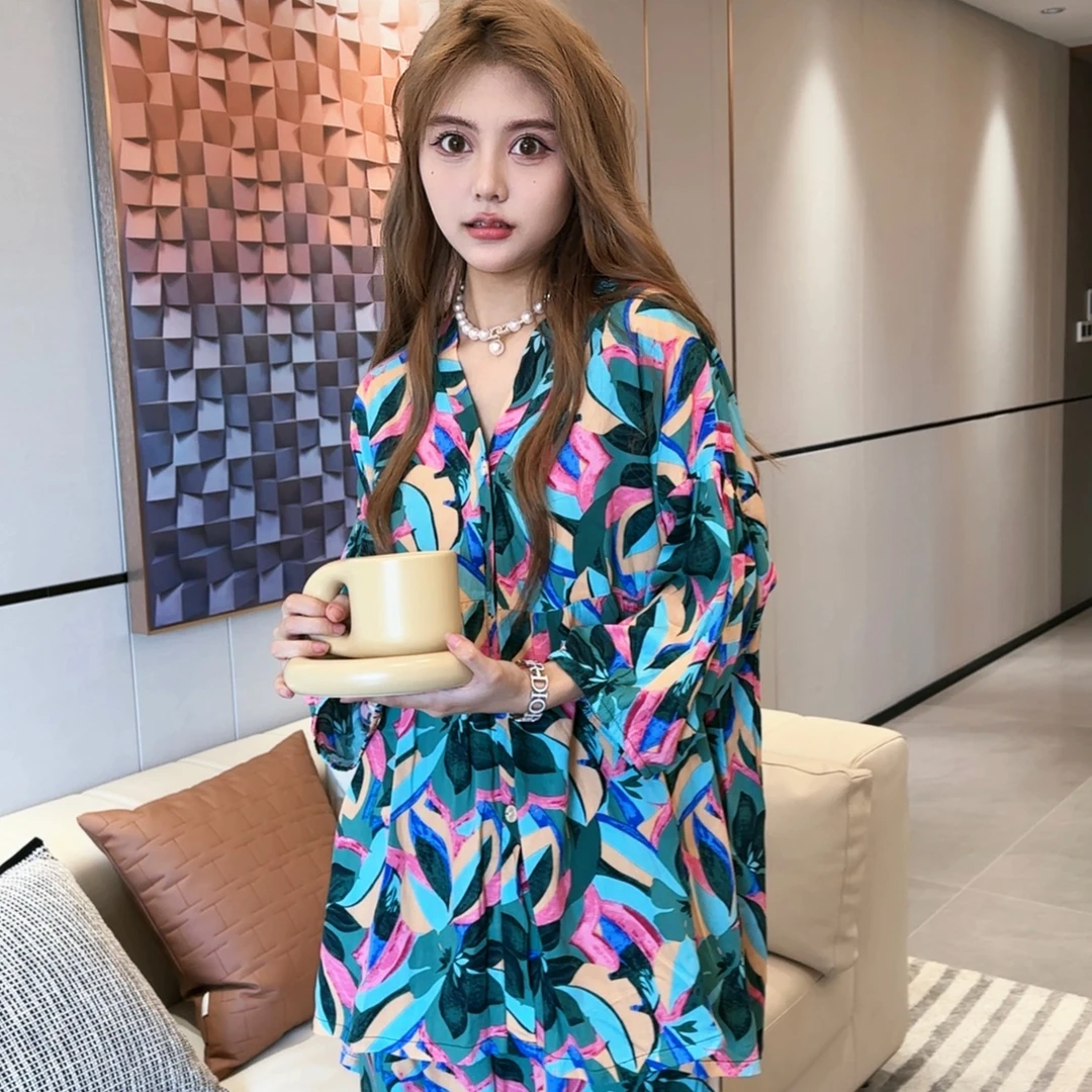 【绚丽叶子】流行新款夏季时尚流行休闲睡衣灯笼袖绚丽叶子套装