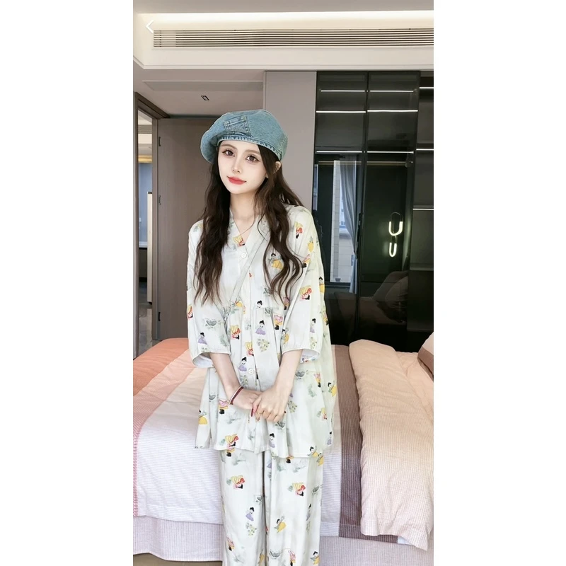 陶彩少女时尚大码开衫灯笼袖套装薄睡衣家居服透气夏天睡衣女套装