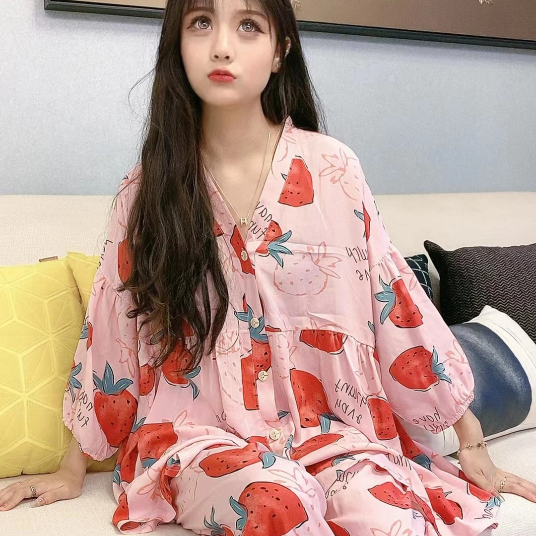 粉底草莓新款流行夏季时尚大码开衫灯笼袖套装女士印花休闲睡衣