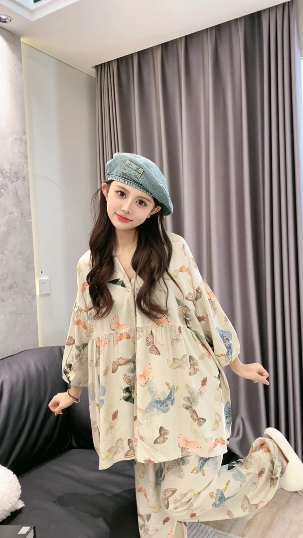 【彩色蝴蝶】流行新款夏季时尚流行休闲开衫怦然心动睡衣女套装