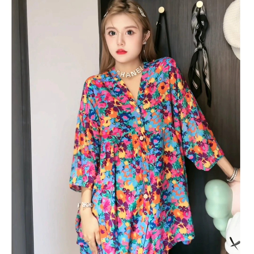 【蓝色花海】流行新款夏季时尚流行休闲开衫灯笼袖气质家居服套装
