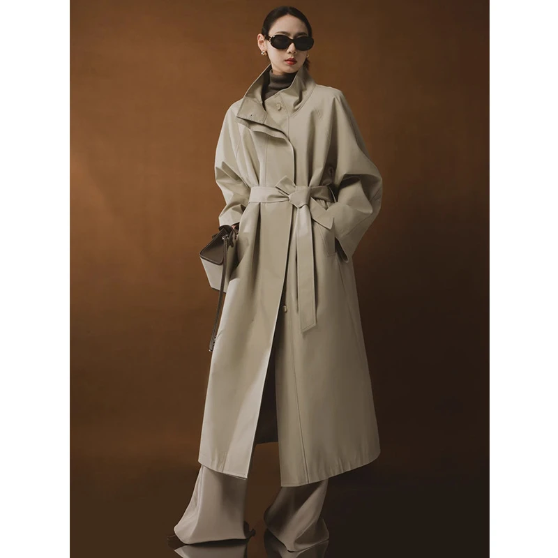 荣太廓形简约立领秀场风衣女2024春季中长款英伦垂感系带外套