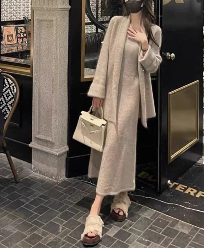 AA秋冬新款针织打底连衣裙慵懒风外套气质显瘦毛衣开衫两件套加厚