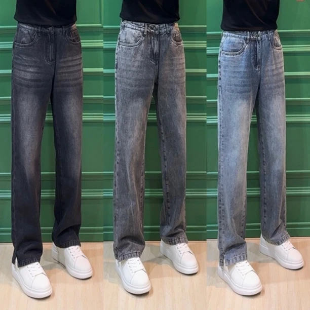 设计师款显腿直阔腿牛仔裤