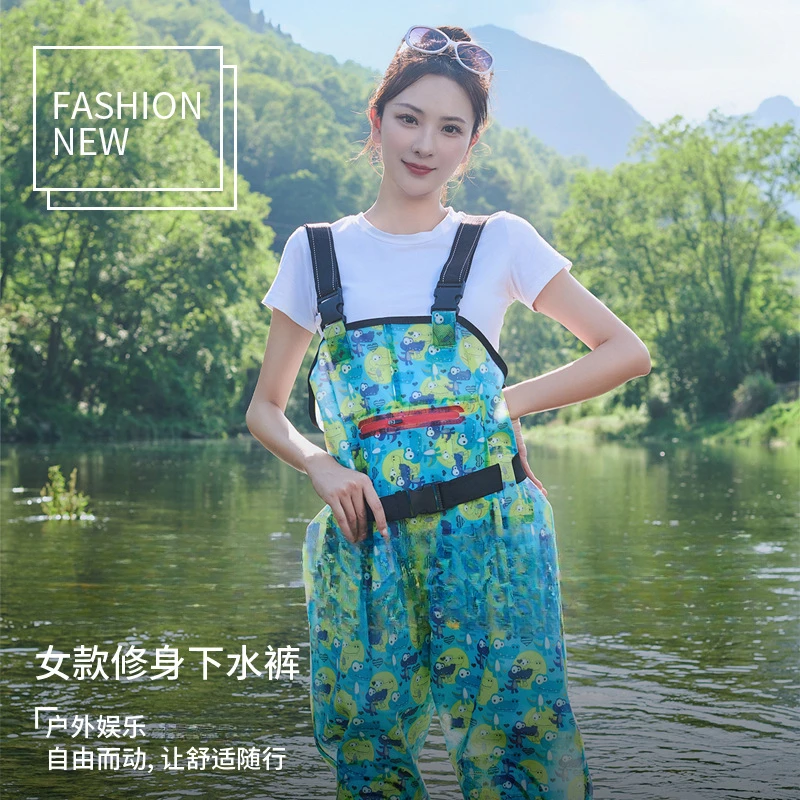 女士下水裤半身连体抓捕鱼沙滩雨鞋防水雨裤男女儿童赶海涉水衣服