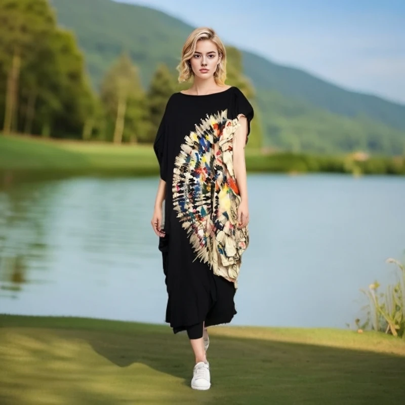 七月莲泰国手工扎染木耳边连衣裙时尚圆领宽松女装连衣裙连衣裙