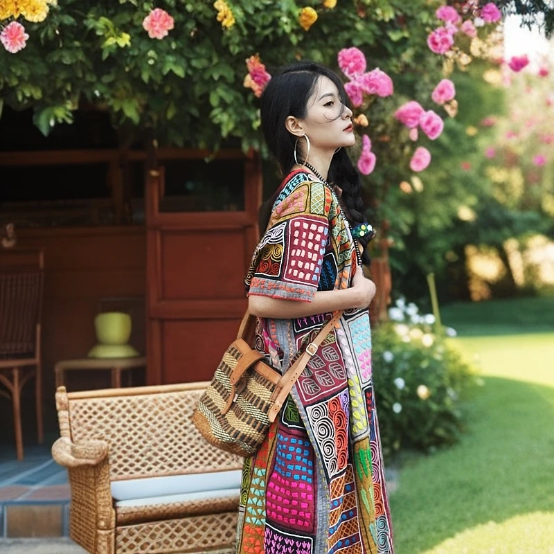 泰国东南亚风纯手工刺绣时尚宽松中长款显瘦民族风女士夏季连衣裙