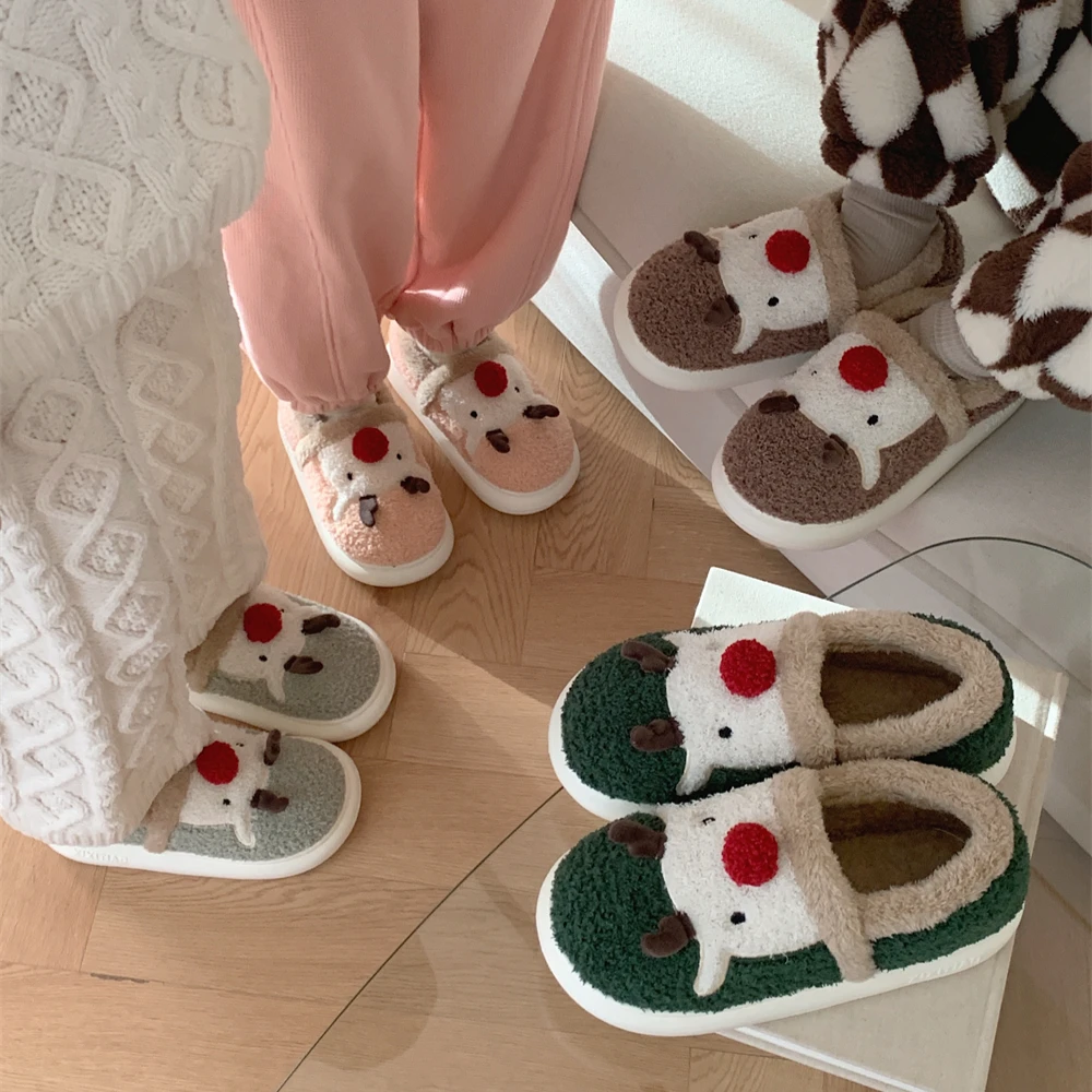 细细条 休闲时尚卡通可爱圣诞节麋鹿毛绒棉拖鞋女冬ins保暖毛毛鞋