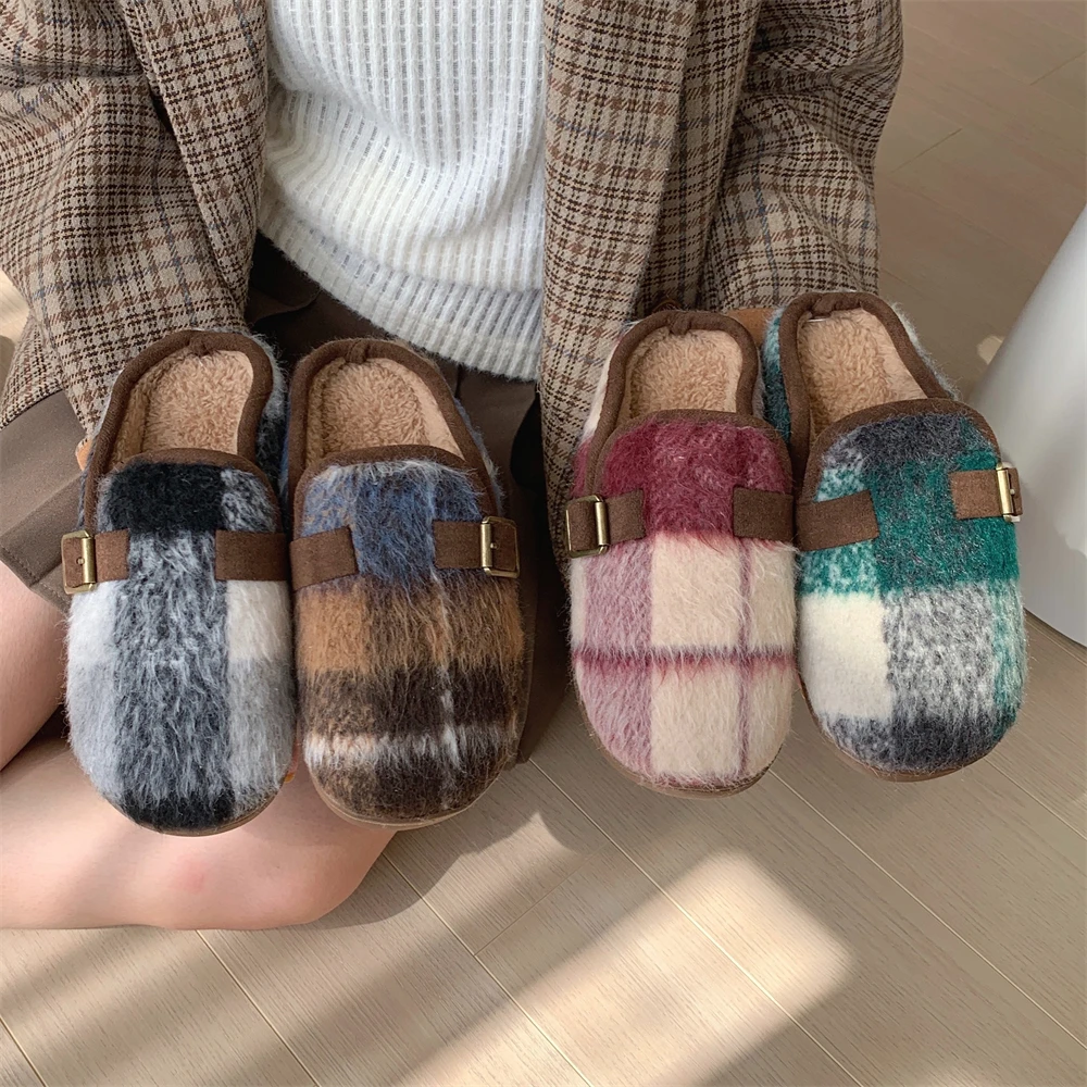 韩系复古时尚创意拼色方格毛绒棉拖鞋女秋冬户外休闲防滑勃肯鞋
