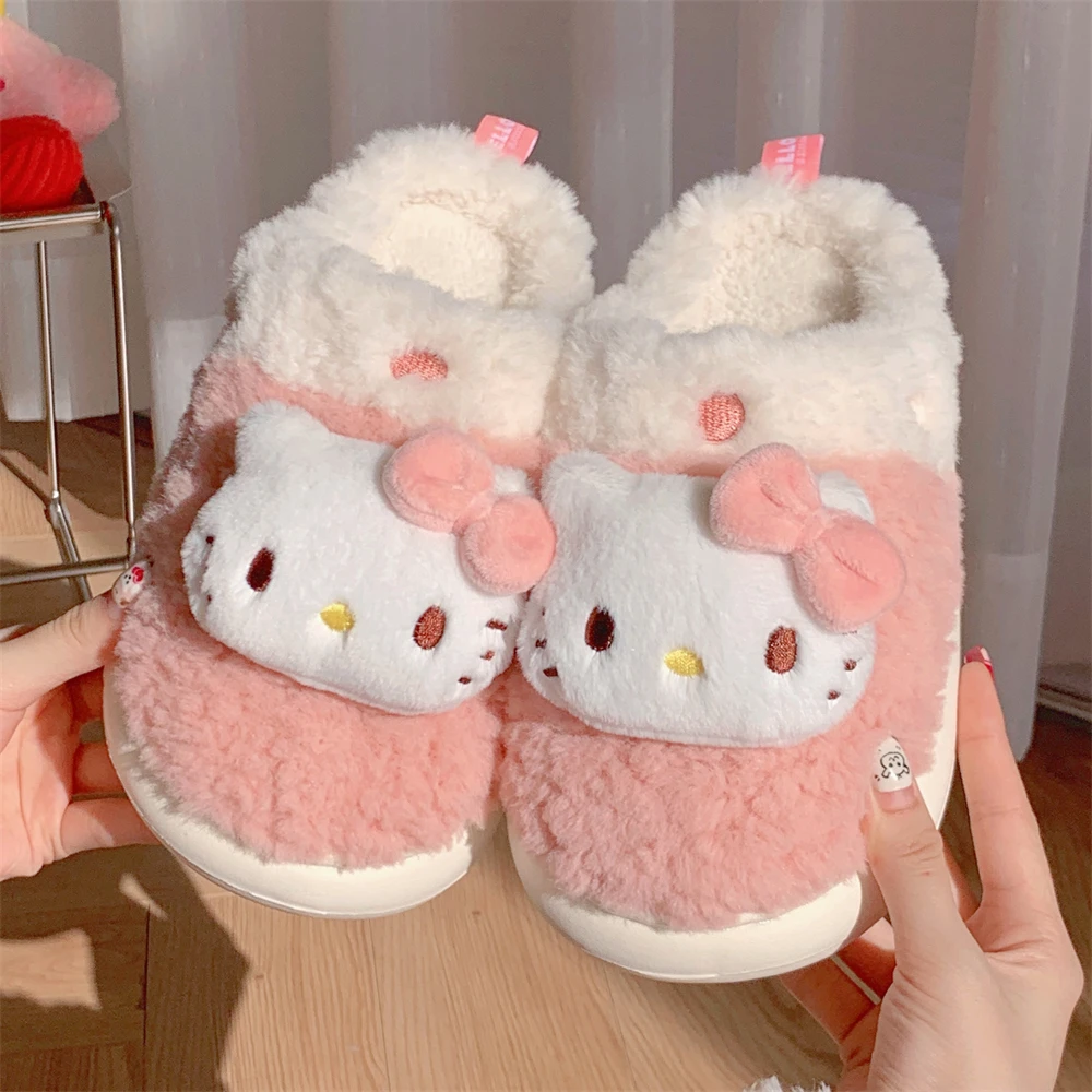 细细条 少女心毛毛鞋女冬季卧室保暖防滑可爱凯蒂猫亲子棉拖鞋
