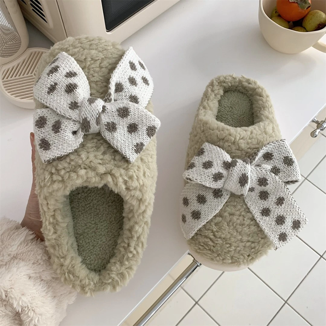 甜美少女心蝴蝶结毛绒绒包头棉拖女冬季室内用可爱保暖防滑月子鞋