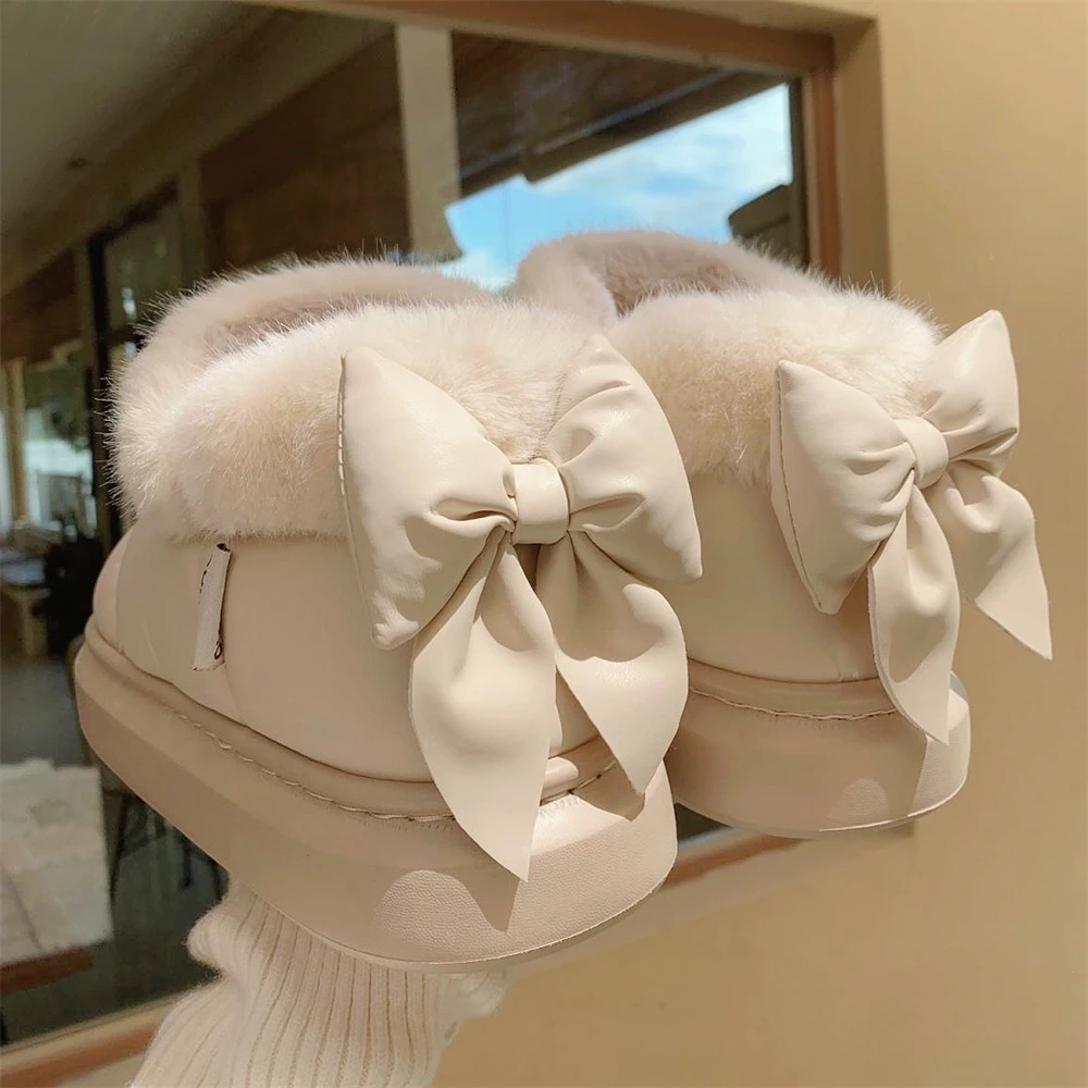 2024冬季新款加绒加厚保暖防水雪地靴可爱少女心蝴蝶结短筒棉靴女