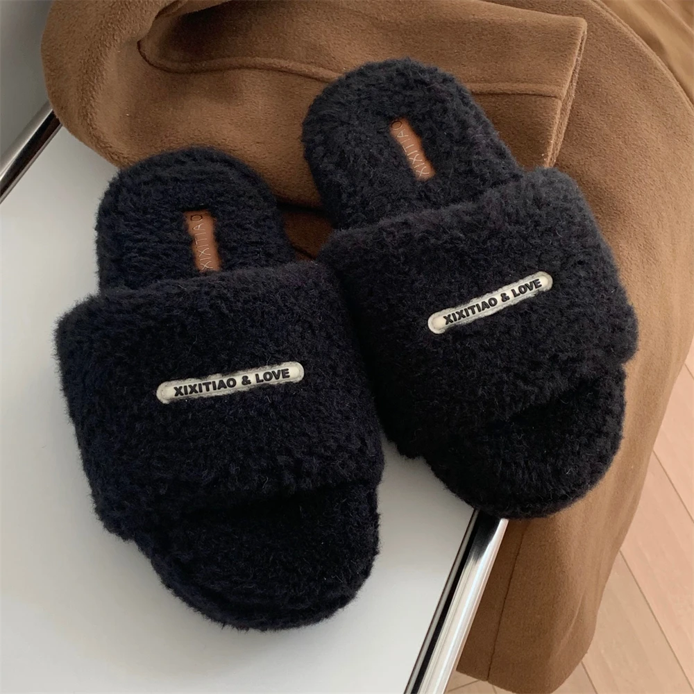 网红秋冬女士保暖舒适一字棉拖鞋防滑创意英文字母百搭ins毛毛鞋