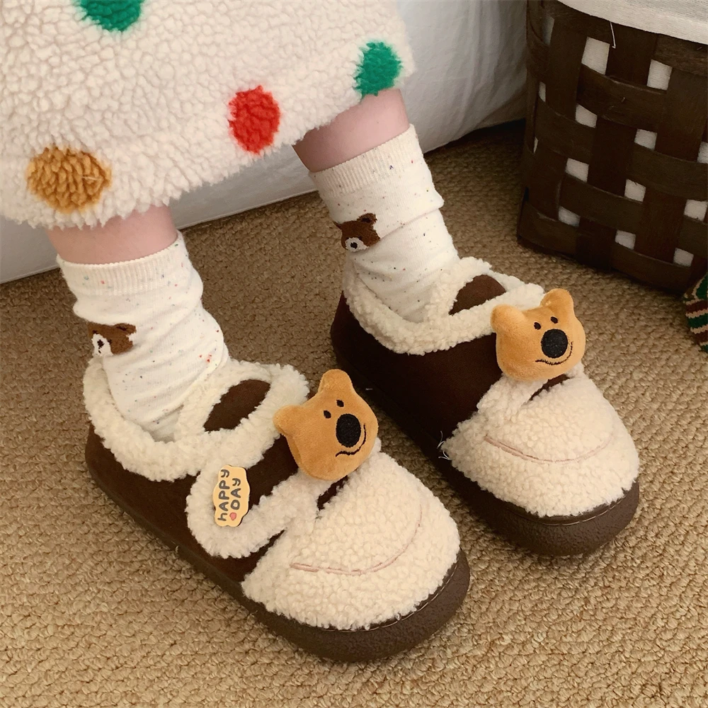 创意羊羔毛保暖冬季乐福鞋豆豆鞋趣味小熊女防滑外穿软厚底棉拖鞋